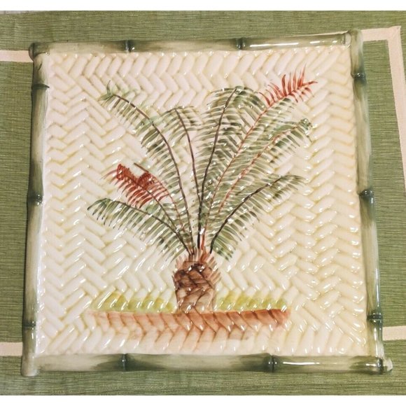 Style Eyes By Baum Bros 12" Palm Tree Square Serving Plate / Platter Bamboo Edge - Picture 6 of 9
